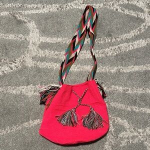 Pink Woven Tassel Shoulder Bag